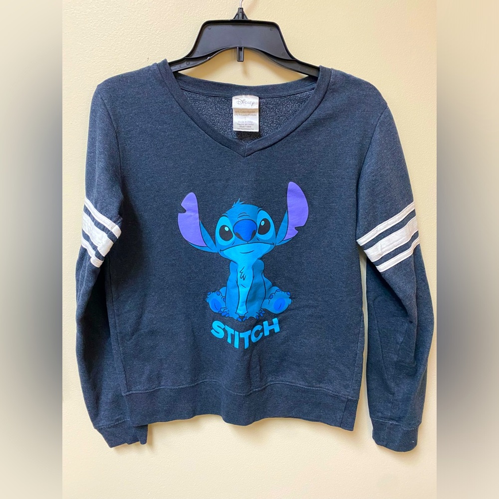 Disney Stitch Soft Light Sweatshirt Varsity VNeck Gray Lilo Movie Hawaiian Sz Sm